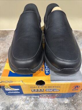 Skechers Black Slip-On Work Loafers with Smooth Leather Upper